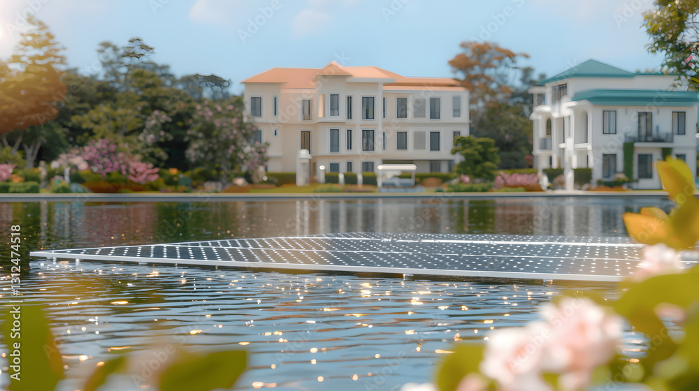 Solar panels floating on water reflecting light near houses