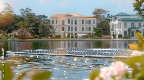 Solar panels floating on water reflecting light near houses