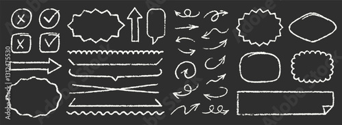 Cute Chalk Blackboard Emphasis Squiggles Vector Set. Crayon Scribble Graffiti Arrows Frames Speech Bubbles Underlines. Hand Drawn Brush Texture Flag Shapes Highlights. Pencil Heraldry Charcoal Doodles