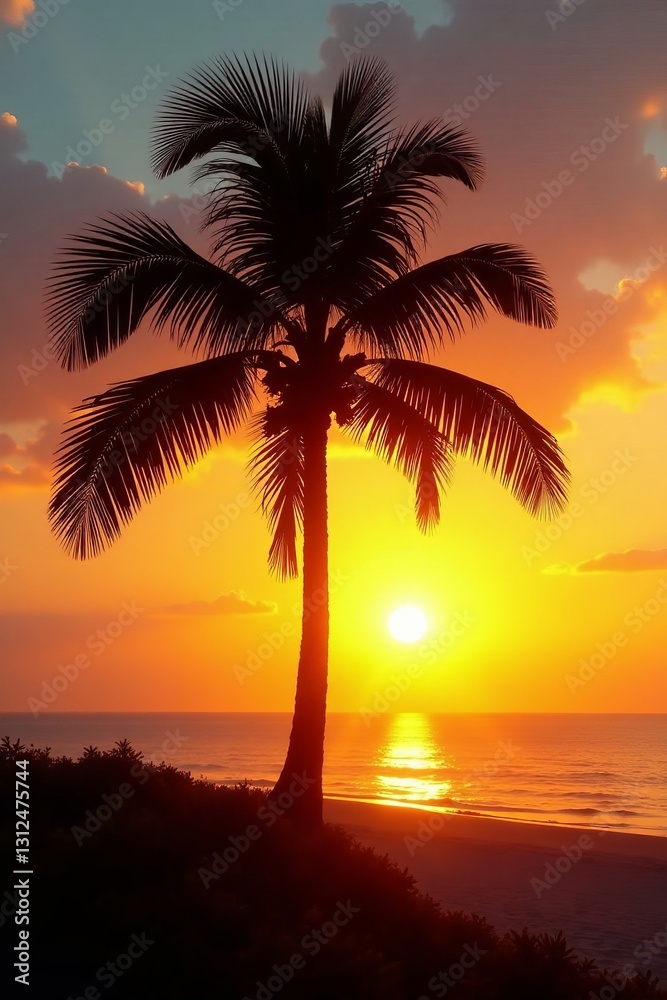 Golden hour sun setting behind silhouette of palm tree, golden hour, background, orange Golden hour sun setting behind silhouette of palm tree, golden hour, background, orange