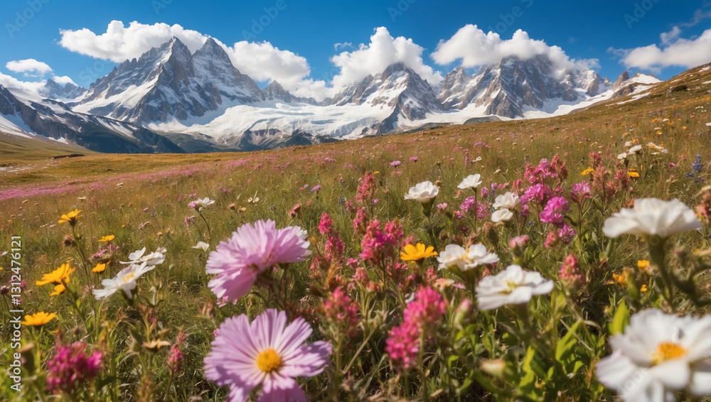 Obraz premium Breathtaking Alpine Flowery Meadow Surrounded by Snow-Capped Peaks