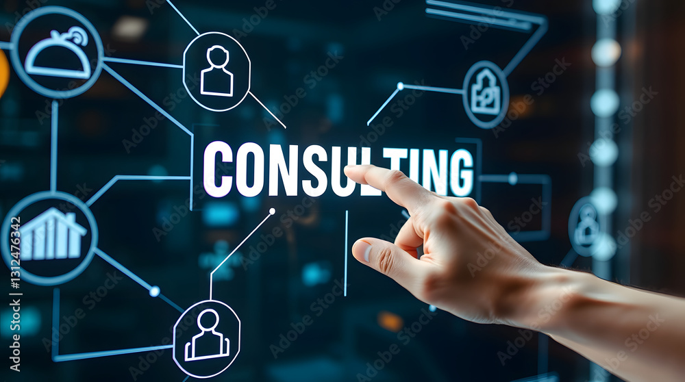 A hand interacts with a futuristic digital interface displaying the word A hand interacts with a futuristic digital interface displaying the word
