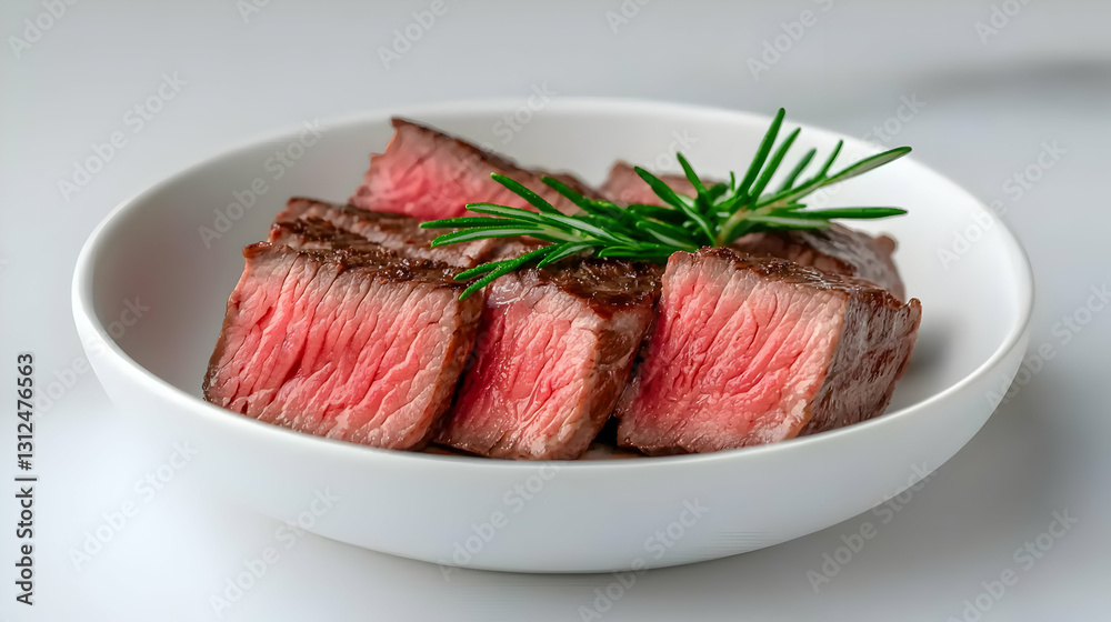 Sliced cooked steak presented on a white round serving plate Sliced cooked steak presented on a white round serving plate