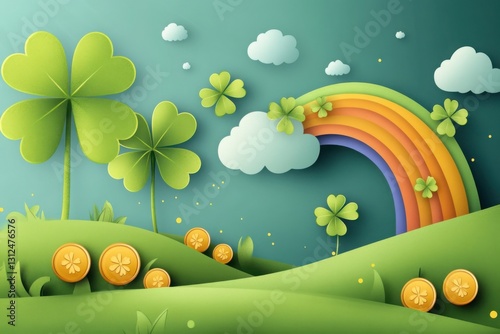 Whimsical St. Patrick's Day landscape with clovers, gold coins, and a colorful rainbow in a paper-cut style. Copy space