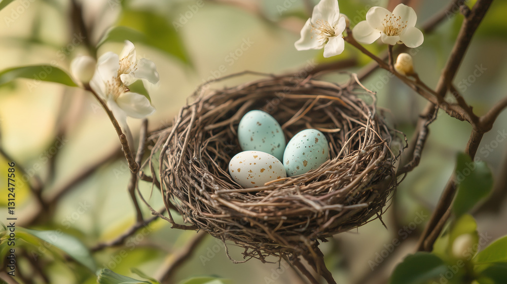 A delicate robins nest with tiny Easter eggs A delicate robins nest with tiny Easter eggs
