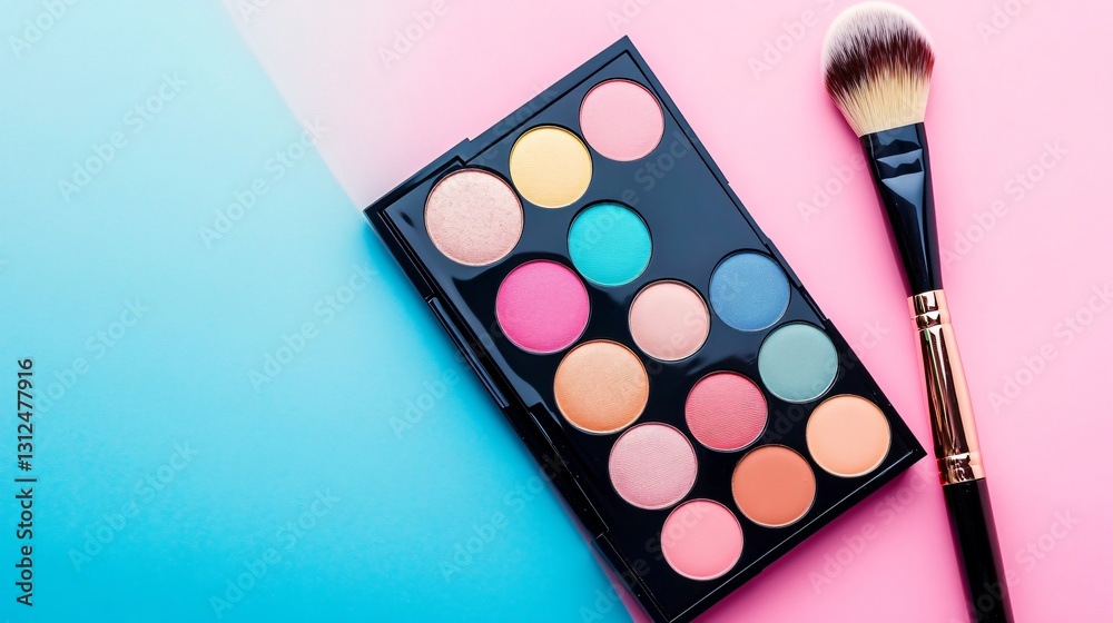 Vibrant eyeshadow palette and brush on pink-blue background Vibrant eyeshadow palette and brush on pink-blue background