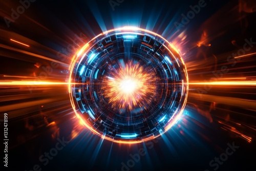 This stunning artwork features a captivating abstract circular element with vibrant orange and blue hues radiating energy against a dark background, creating a mesmerizing scene that draws viewers in