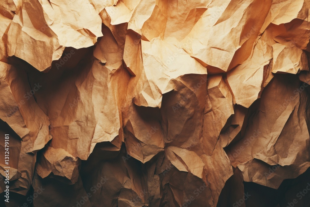 Fototapeta premium Intricate forms and textures of crumpled brown paper with depth