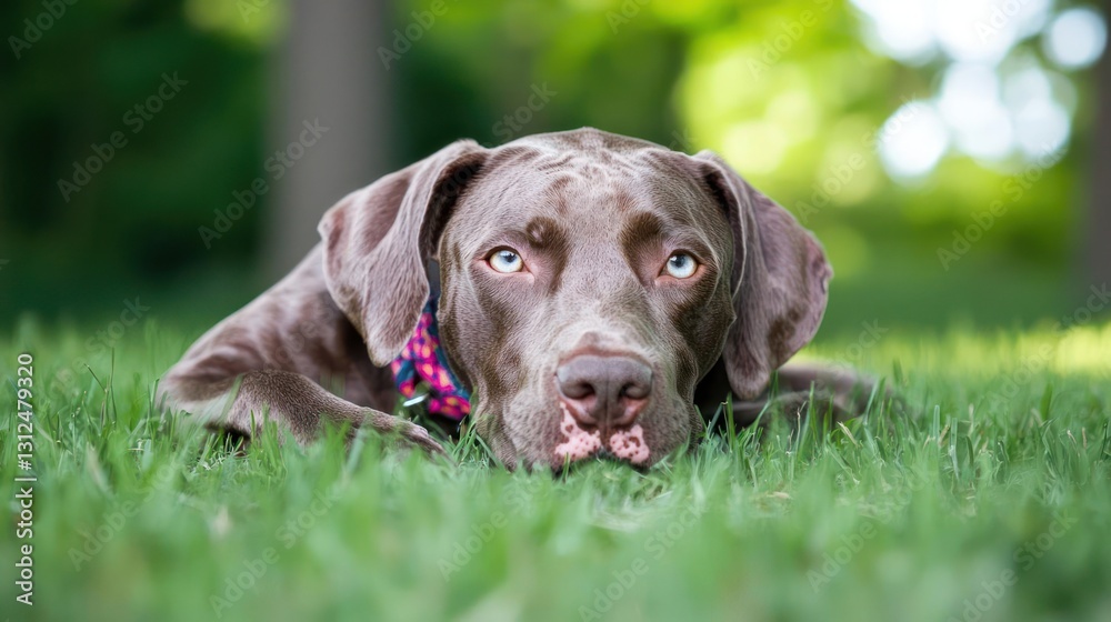 Brown Dog with Blue Eyes Resting in Green Grass Brown Dog with Blue Eyes Resting in Green Grass