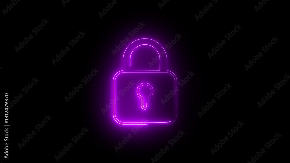 Glowing neon blue color lock animation icon, padlock shield animated icon protective shield lock guard barrier icon, Technical lock icon for device screen, apps or online security for hacking.