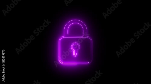 Glowing neon blue color lock animation icon, padlock shield animated icon protective shield lock guard barrier icon, Technical lock icon for device screen, apps or online security for hacking.