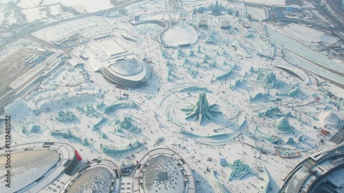 Experience the Stunning Aerial View of Harbin Ice World Showcasing Magnificent Ice Sculptures and Joyful Tourists