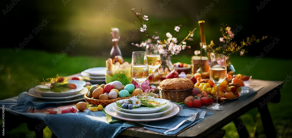 Fototapeta premium Easter picnic table background