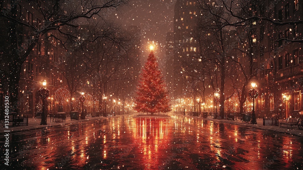 Obraz premium Snowy Christmas Tree NYC Street Scene