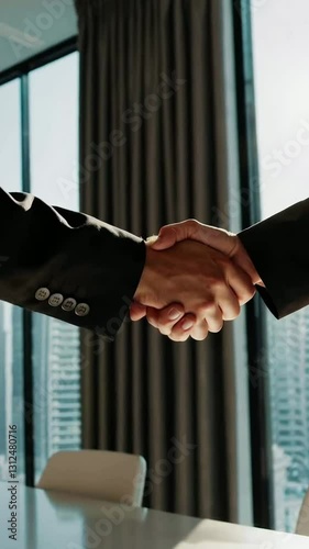 Business collaboration: professional handshake in modern office with sunlit urban skyline