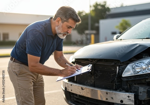 Agent Assessing Car Damage After Accident Claim - Insurance agent examining a damaged vehicle after an accident, assessing the extent of the damage for a claim. Concepts: Insurance, Damage Assessment