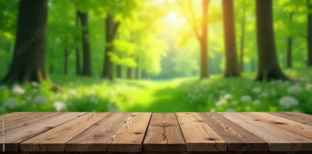 Rustic wooden table, vibrant spring forest backdrop, natural background, product Rustic wooden table, vibrant spring forest backdrop, natural background, product