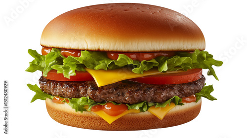 Juicy Cheeseburger with Lettuce and Tomato – Isolated on Transparent Background


