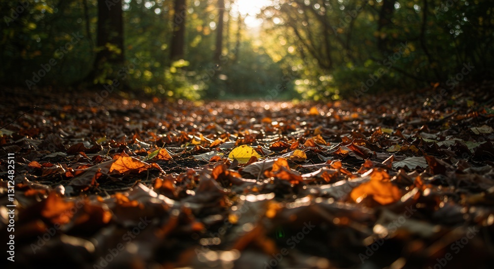 Obraz premium Walking in Autumn Forest with Fallen Leaves and Golden Sunlight