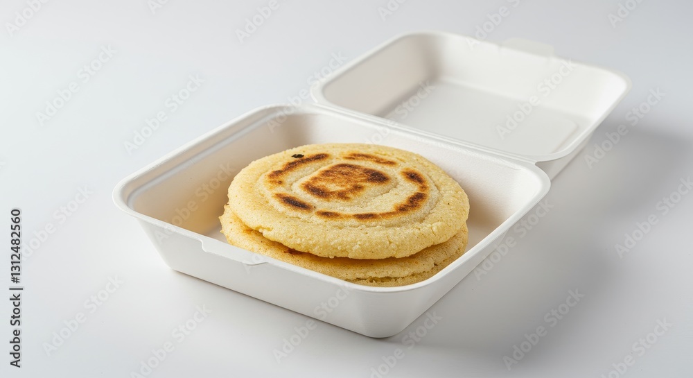 Delicious Arepas in a Takeout Container - Two golden-brown arepas, stacked neatly inside a white takeout container, ready to enjoy Delicious Arepas in a Takeout Container - Two golden-brown arepas, stacked neatly inside a white takeout container, ready to enjoy