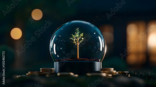 A small tree inside of a glass globe with coins nearby