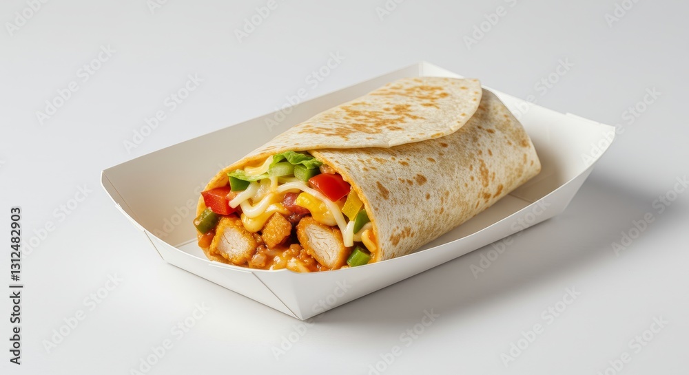 Delicious Chicken Burrito in Takeout Container - A savory chicken burrito, filled with vegetables and cheese, sits in a white takeout box. This symbolizes convenience, delicious food, quick meals Delicious Chicken Burrito in Takeout Container - A savory chicken burrito, filled with vegetables and cheese, sits in a white takeout box. This symbolizes convenience, delicious food, quick meals
