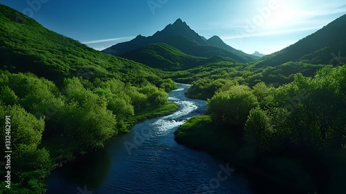 A beautiful flowing river winds through lush green mountain valleys