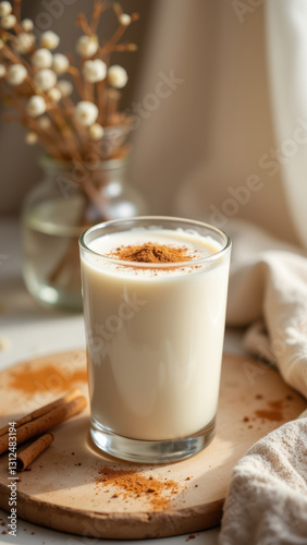 A cup of white milk with a sprinkling of cinnamon on top, placed on a wooden table.