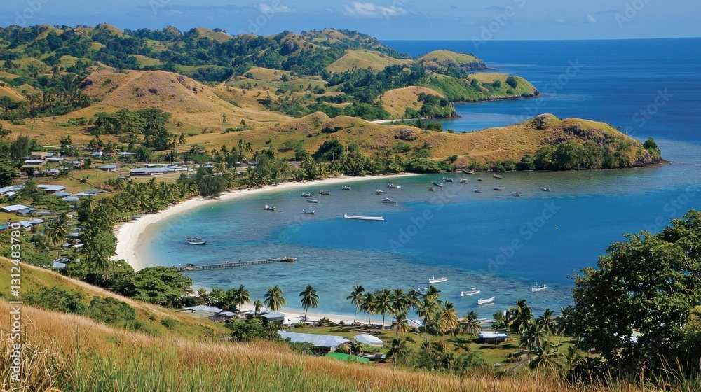 Fototapeta premium Tropical island bay, numerous boats, village, hills, bright sky