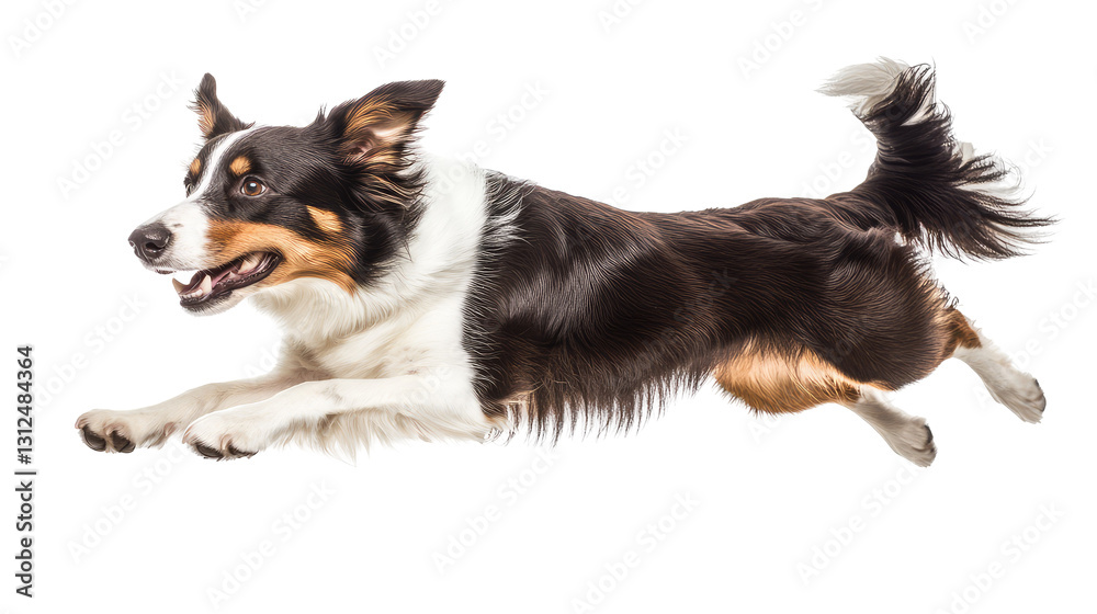 Energetic Collie Dog in Mid-Air with Paws Extended, Capturing the Essence of Playfulness and Motion Energetic Collie Dog in Mid-Air with Paws Extended, Capturing the Essence of Playfulness and Motion