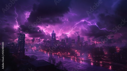 City night sky flickers with purple lightning.