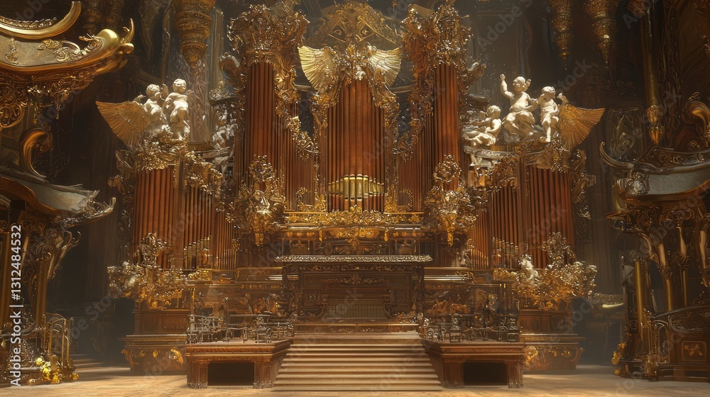Fototapeta premium Ornate Baroque Concert Hall Interior with Golden Organ and Sculptures