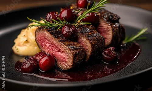 Gourmet grilled venison served with cranberry and juniper sauce on a contemporary black plate