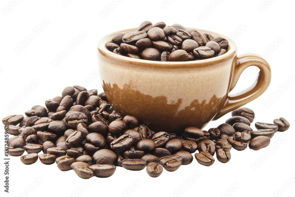Fototapeta premium Coffee Beans Spilling From Brown Cup Isolated On Transparent background For Culinary and Beverage Concepts