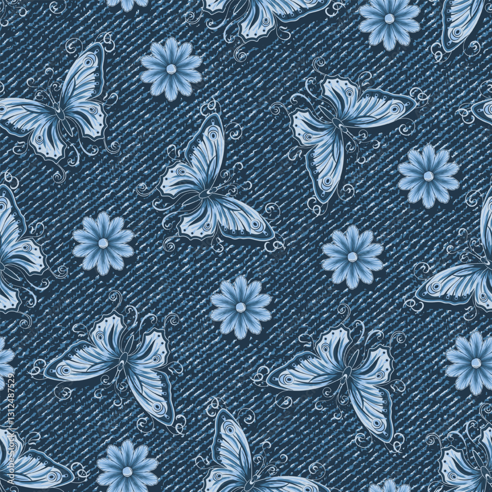 Seamless denim pattern with flying butterflies with spread wings, curled antennae, scattered chamomile flower. Random composition. Boho style. Dotted textured background.