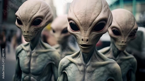 Menacing grey aliens traversing deserted city street, signaling imminent extraterrestrial conquest and impending global destruction