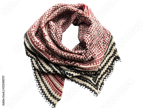 Traditional keffiyeh scarf with intricate black stitching and vibrant patterns in red and white fabric