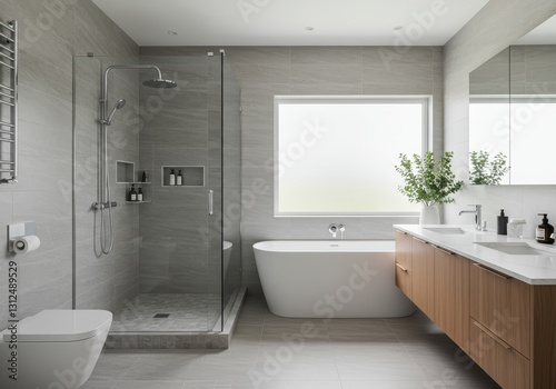 Modern Bathroom Design with Freestanding Tub and Walk-in Shower - Stylish and contemporary bathroom featuring a freestanding bathtub, walk-in shower