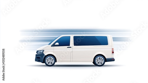 White minivan speeding, side view, isolated on white background.  Motion blur effect suggests fast travel.
