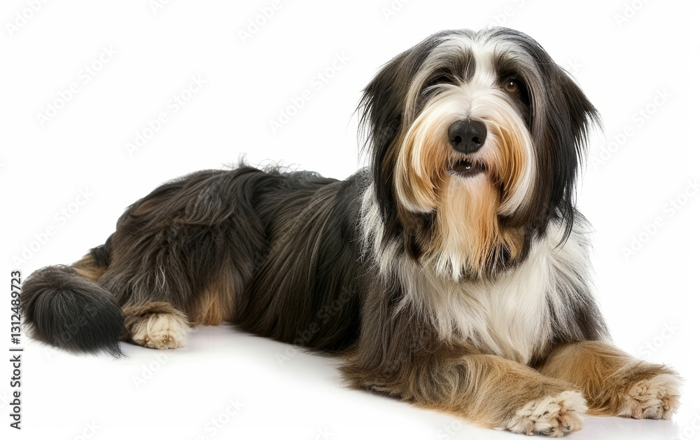 This image captures a Bearded Collie lying down on a white background, exuding calm and relaxation with its shaggy fur and gentle demeanor. This image captures a Bearded Collie lying down on a white background, exuding calm and relaxation with its shaggy fur and gentle demeanor.