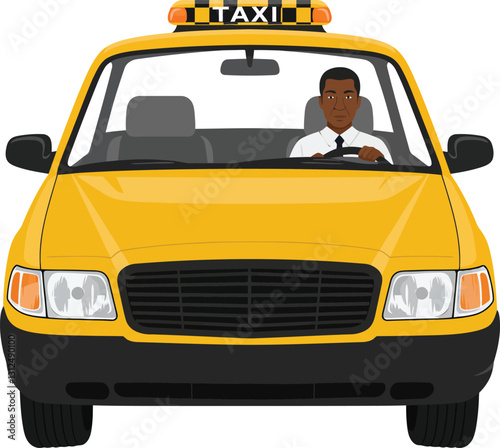 Illustration of a yellow taxi with black driver, isolated on white background