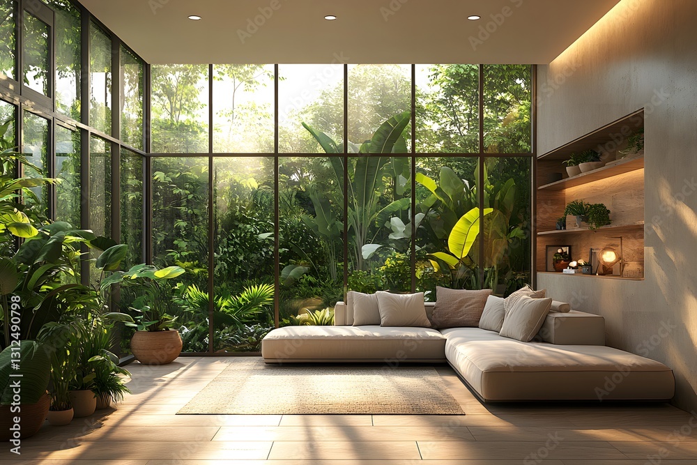 Fototapeta premium A modern, simple living room with large windows overlooking a lush garden, evoking calm and sustainability. Perfect for ads or articles on eco-friendly living and minimalist interior design.