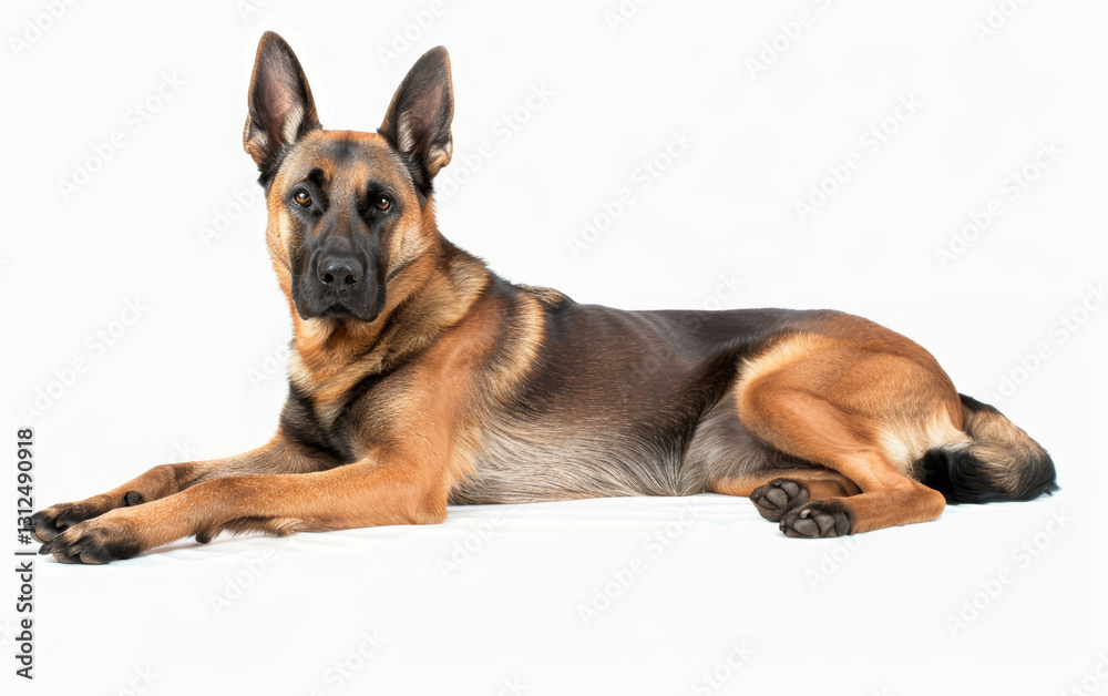 A Belgian Shepherd Malinois lies gracefully against a stark white background, showcasing its strong build and attentive expression. A Belgian Shepherd Malinois lies gracefully against a stark white background, showcasing its strong build and attentive expression.