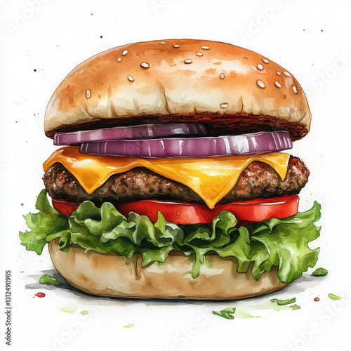 The Perfect Burger in Artistic Style - A vibrant illustration of a burger with a perfectly toasted bun, lettuce, juicy meat, cheese slices, red onion and a drop of melting cheese..