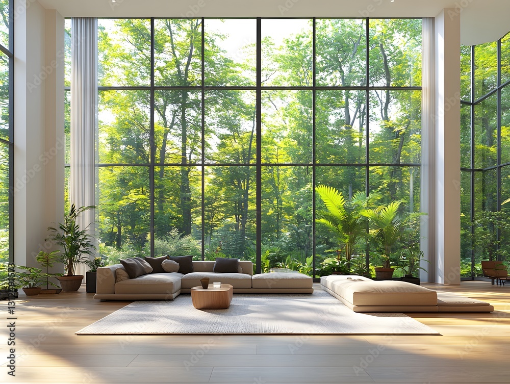 Fototapeta premium A modern, simple living room with large windows overlooking a lush garden, evoking calm and sustainability. Perfect for ads or articles on eco-friendly living and minimalist interior design.