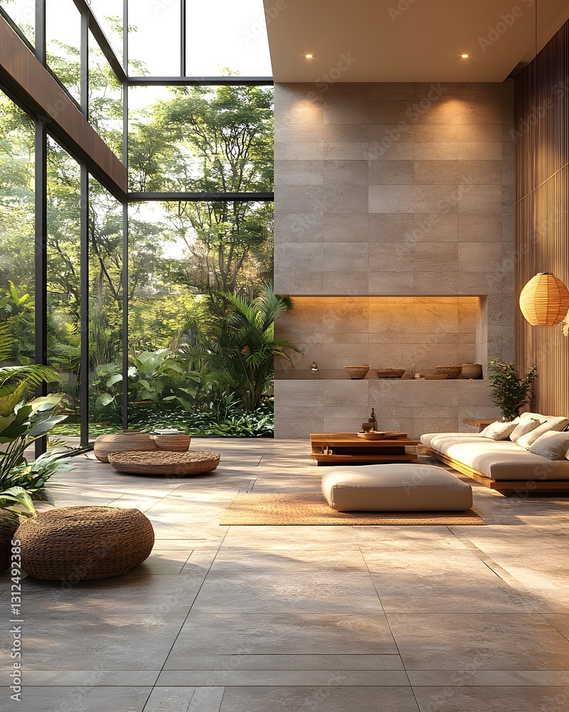 Fototapeta premium A modern, simple living room with large windows overlooking a lush garden, evoking calm and sustainability. Perfect for ads or articles on eco-friendly living and minimalist interior design.