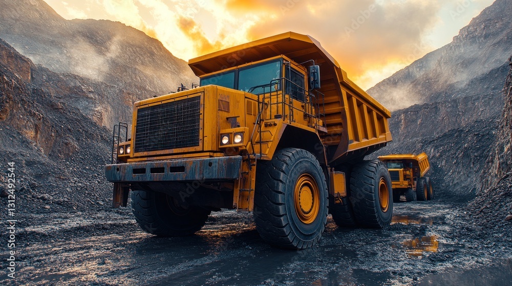 Massive Yellow Mining Dump Truck in a Quarry at Sunset Massive Yellow Mining Dump Truck in a Quarry at Sunset