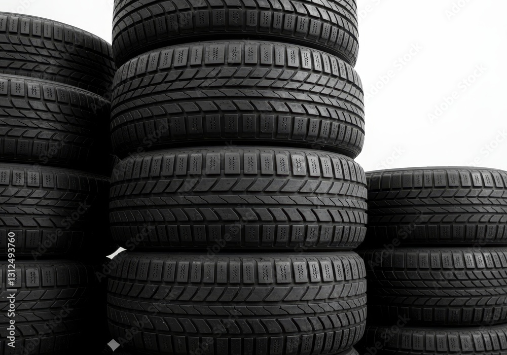 Stack of Black Car Tires on White Background - A vertical stack of new black car tires against a bright white background. Symbolizing safety, performance, travel, durability, and power Stack of Black Car Tires on White Background - A vertical stack of new black car tires against a bright white background. Symbolizing safety, performance, travel, durability, and power