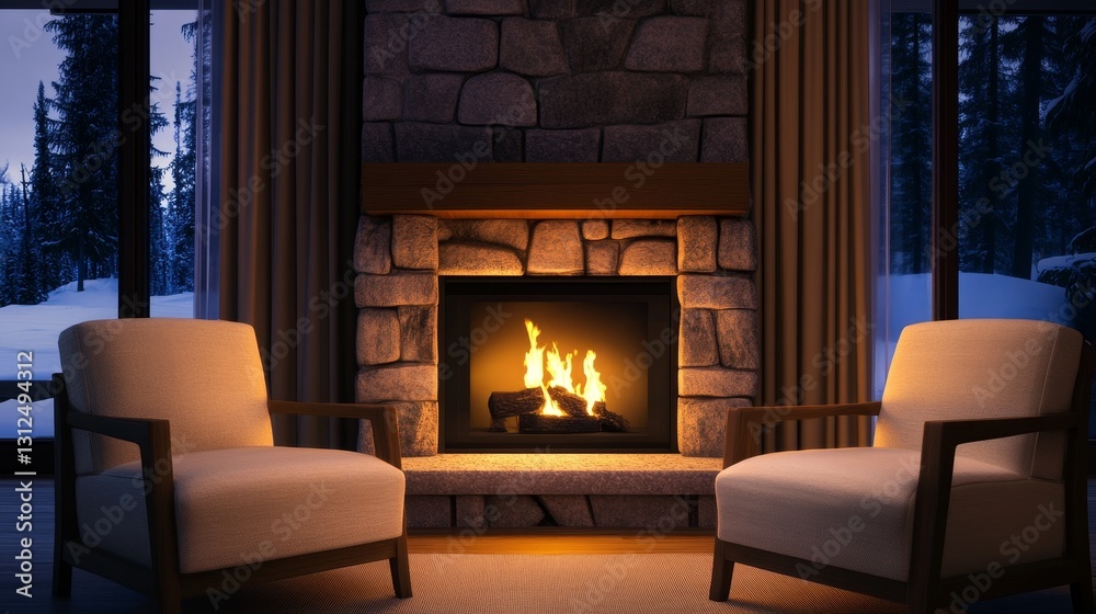 Fototapeta premium Cozy winter evening by a stone fireplace with two armchairs, snow-covered trees outside