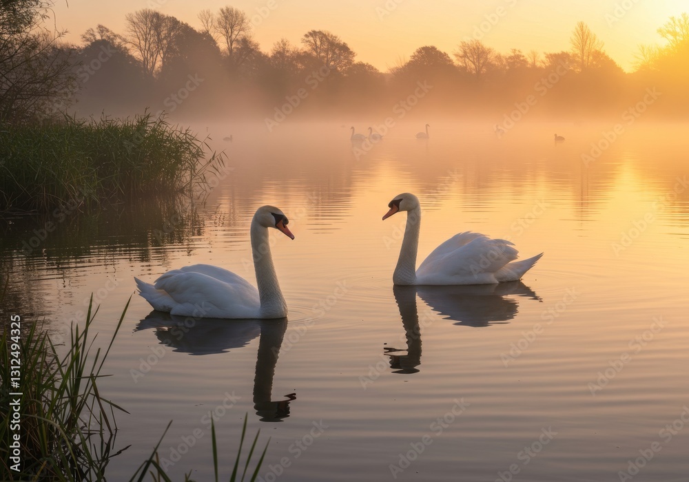 Fototapeta premium Swans at Sunrise on Serene Lake - Two graceful swans swim on a calm lake at sunrise, symbolizing peace, love, beauty, serenity, and tranquility. Golden sunrise light reflects on the water